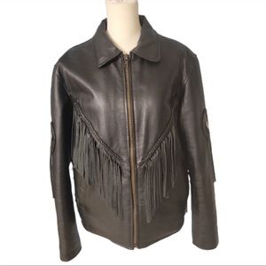 Black Leather Biker Jacket Size Medium Fringe Sleeves Grunge Biker